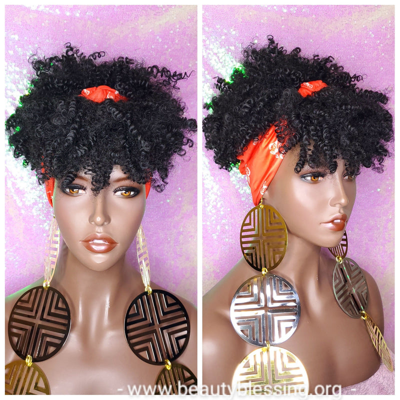 Headband Wig Afro Kinky Puff Bangs Wig Afro Curly Hair Wrap Wig Afro Bang Pre-tied Turban Wig - Beauty Blessing Wigs & Hair Extensions Boutique