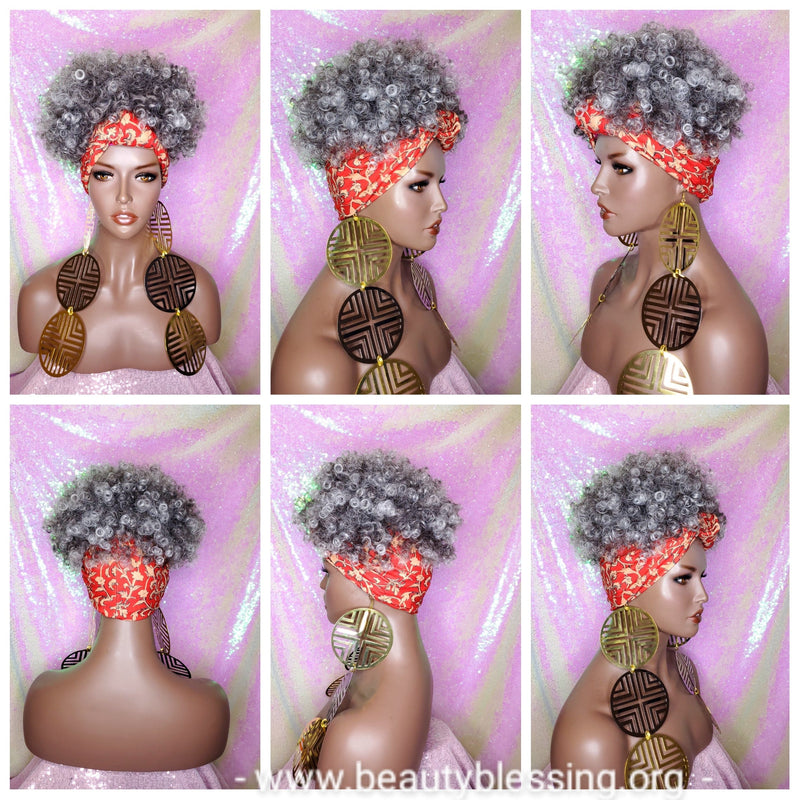 Turban Wig Afro Kinky Coil Puff Salt Pepper Gray Wig Afro Curl African Hair Wrap Wig Pre-tied Bow Turban Wig Afro Puff Headband Wig - Beauty Blessing Wigs & Hair Extensions Boutique