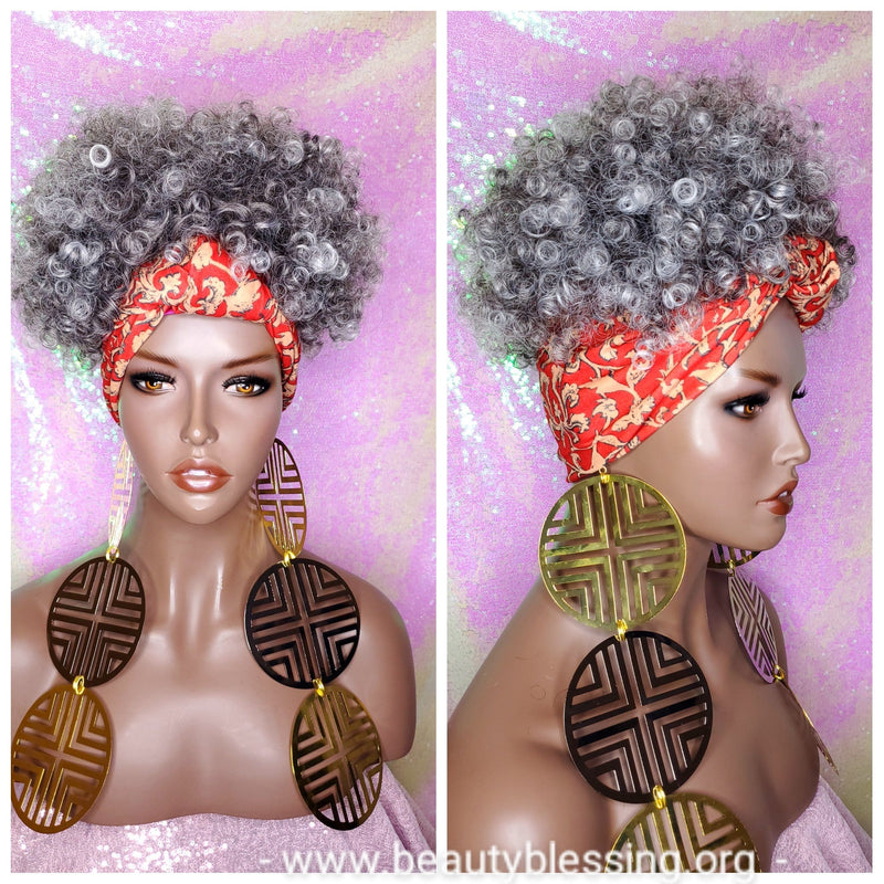 Turban Wig Afro Kinky Coil Puff Salt Pepper Gray Wig Afro Curl African Hair Wrap Wig Pre-tied Bow Turban Wig Afro Puff Headband Wig - Beauty Blessing Wigs & Hair Extensions Boutique
