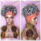 Turban Wig Afro Kinky Coil Puff Salt Pepper Gray Wig Afro Curl African Hair Wrap Wig Pre-tied Bow Turban Wig Afro Puff Headband Wig