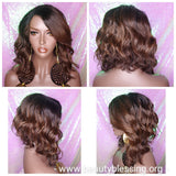 Loose Wave Bob Ombre Brown Auburn Human Hair Blend Wig Preplucked Lace Part Wig Swoop Bang Hair - Beauty Blessing Wigs & Hair Extensions Boutique