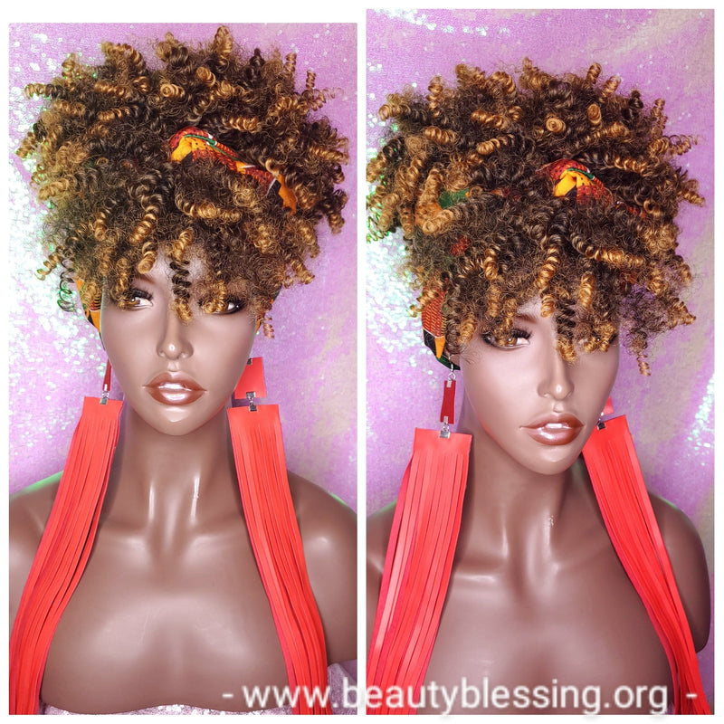 Turban Wig Afro Kinky Puff Bangs Wig Afro Curly Corkscrew Hair Wrap Wig African Print Head Wrap Wig Afro Puff Hair Bang Wig - Beauty Blessing Wigs & Hair Extensions Boutique