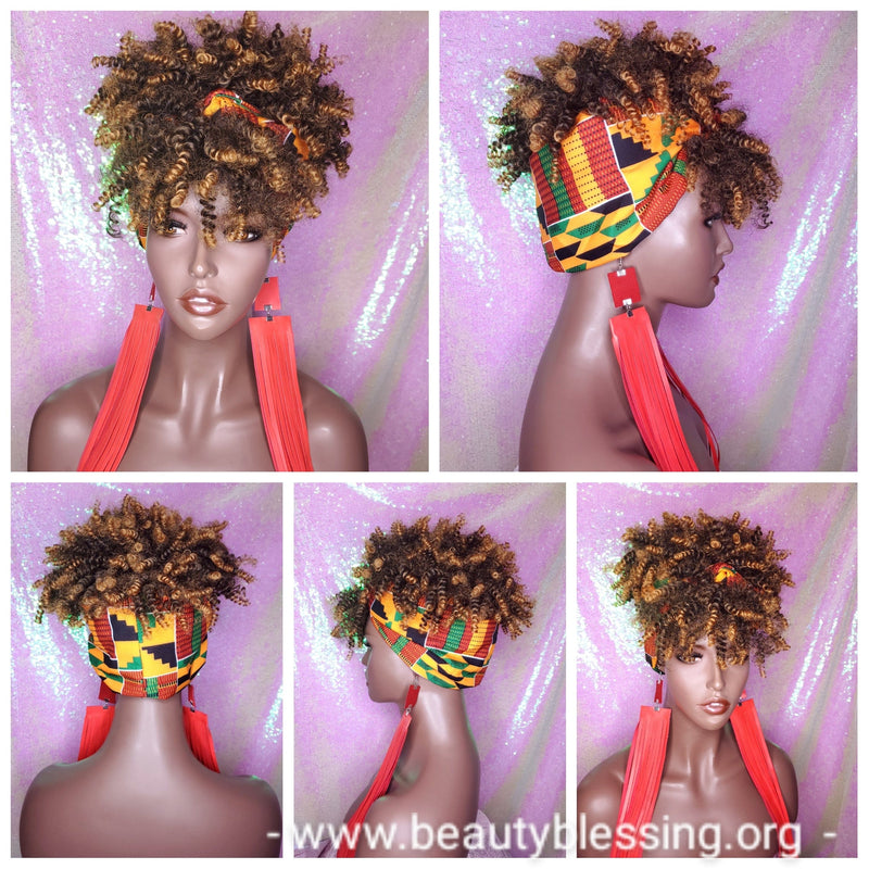 Turban Wig Afro Kinky Puff Bangs Wig Afro Curly Corkscrew Hair Wrap Wig African Print Head Wrap Wig Afro Puff Hair Bang Wig - Beauty Blessing Wigs & Hair Extensions Boutique