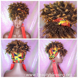 Turban Wig Afro Kinky Puff Bangs Wig Afro Curly Corkscrew Hair Wrap Wig African Print Head Wrap Wig Afro Puff Hair Bang Wig - Beauty Blessing Wigs & Hair Extensions Boutique