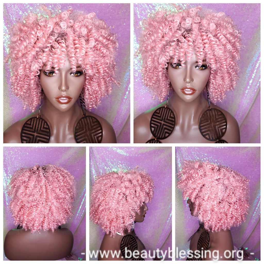 Pink Hair Wig Spiral Kinky Afro Curly Hair Premium Fiber Natural Hair Wig - Beauty Blessing Wigs & Hair Extensions Boutique