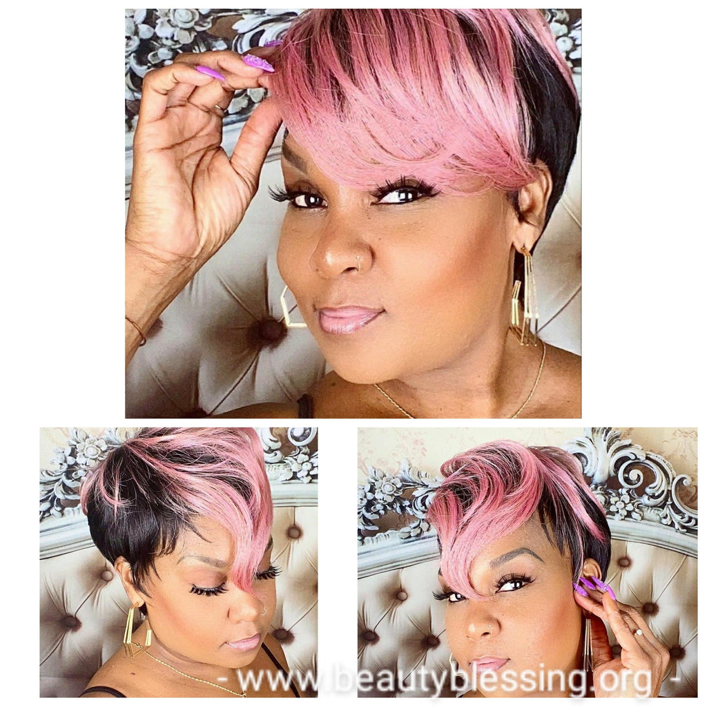 Wig Short Wig  Pixie Cut Style with Swoop Bangs Wigs for Women Light Pink Rosado Rose  Hair Color - Beauty Blessing Wigs & Hair Extensions Boutique