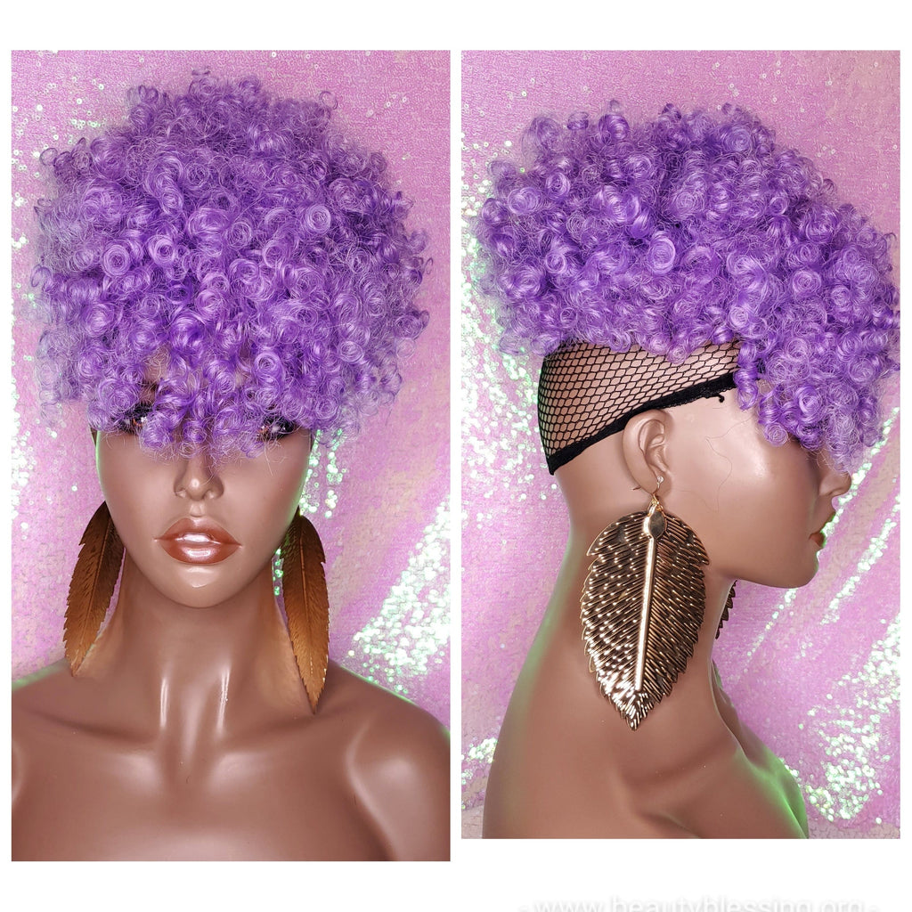 Purple Hair Curly Ponytail Afro Kinky Puff Bangs Ponytail with Bangs - Beauty Blessing Wigs & Hair Extensions Boutique
