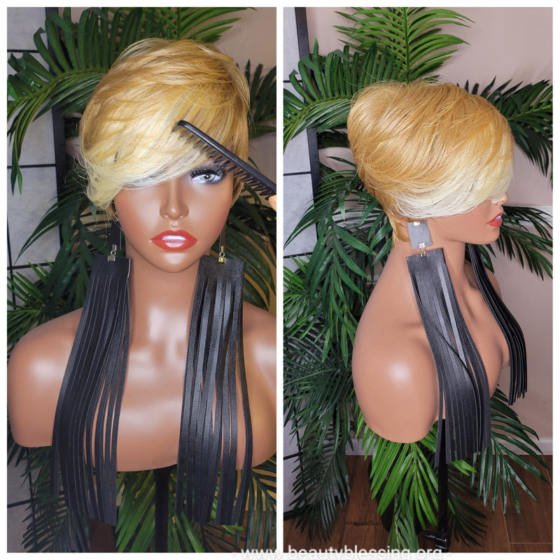 Short Wig Pixie Cut Style with Swoop Bangs Wigs for Women Ombre Dirty Blonde Sandy Blonde Ash Blonde Hair Wig - Beauty Blessing Wigs & Hair Extensions Boutique