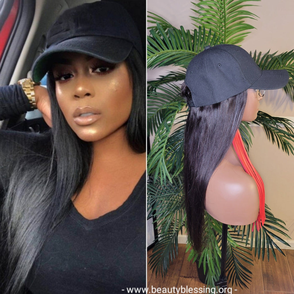 Wig Baseball Cap Brazilian Remy 100% Human Hair Straight Hair Wig Hat Black Cap Wig Soft Luxurious Hair - Beauty Blessing Wigs & Hair Extensions Boutique