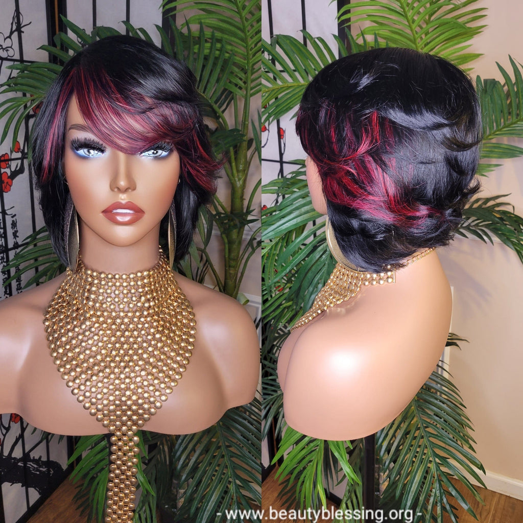 Bob Hairstyle Short Cut Human Hair Remy Wig Burgundy Bang Hair Wig - Beauty Blessing Wigs & Hair Extensions Boutique