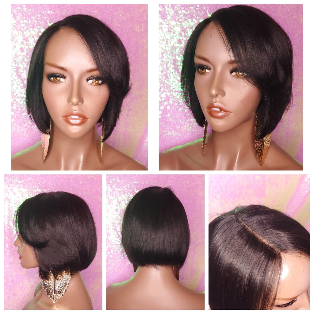 Short Bob Hairstyle 100% Human Hair Unprocessed Brazilian Remy Short Mink Hair Swoop Bang Bob Style Lace Wig - Beauty Blessing Wigs & Hair Extensions Boutique