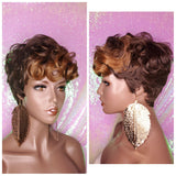 Tapered Short Cut Mohawk Curl Full Cap Wig Pixie Cut Curl Wig Layered Hair Wig Ombre Auburn Brown
