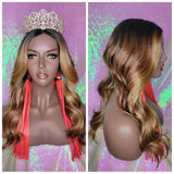 Long Loose Wave Lace Wig Natural Hairstyle Celebrity Style Wig Ombre Auburn Strawberry Blonde Colored Hair Wig