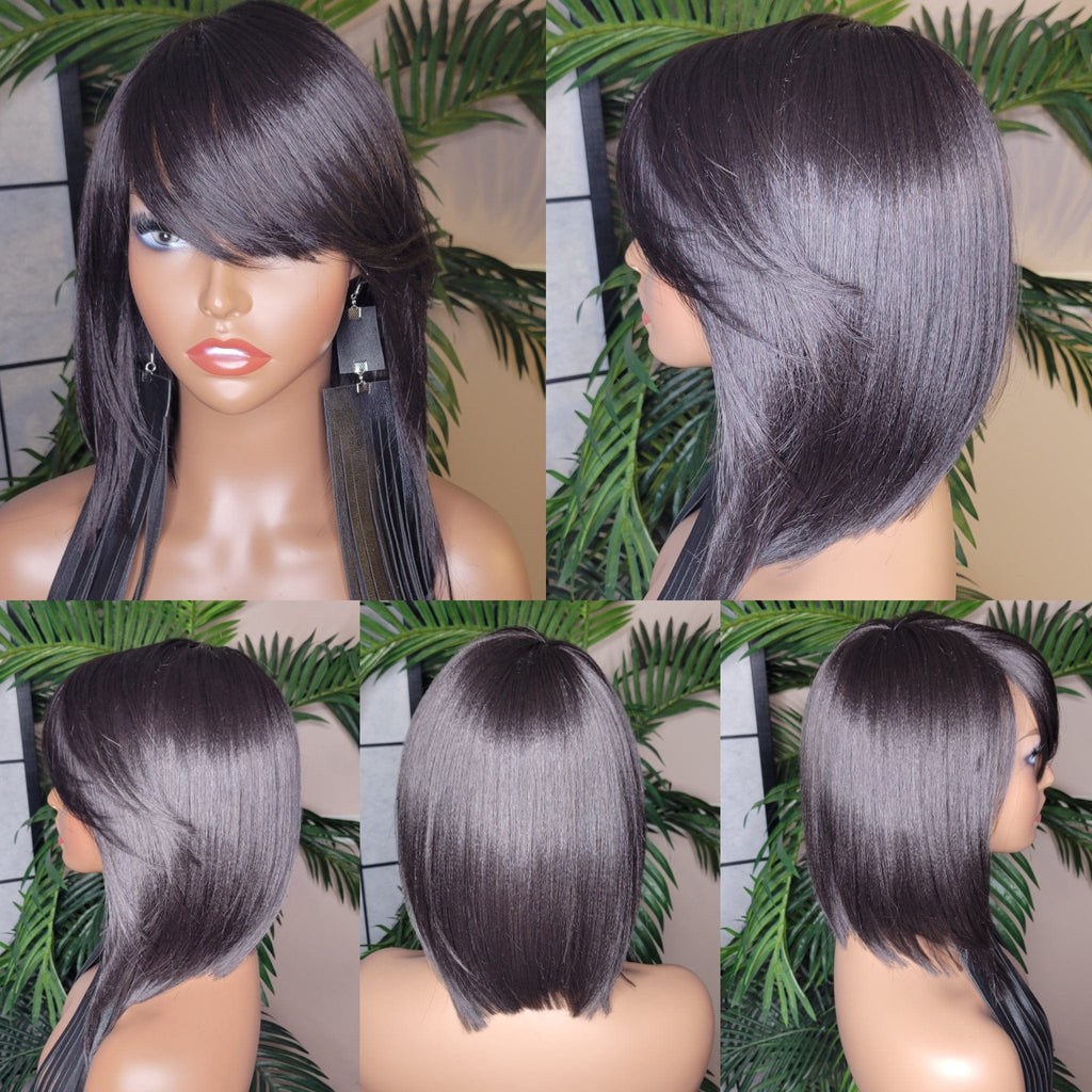 Bob Short Hair Razor Cut Bob Style Hair Duby Wrap Swoop Bang Wig Full Cap Wig Premium Synthetic Fiber Hair - Beauty Blessing Wigs & Hair Extensions Boutique