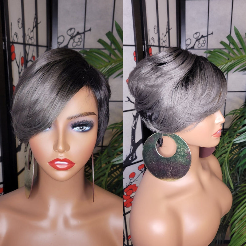 Gray Platinum Pixie Cut Razor Choppy Cut Swoop Bang  Hair Blend Wig Gray Platinum Silver Hair Wig Ombre Dark Gray Wig - Beauty Blessings LLC