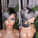 Gray Platinum Pixie Cut Razor Choppy Cut Swoop Bang  Hair Blend Wig Gray Platinum Silver Hair Wig Ombre Dark Gray Wig