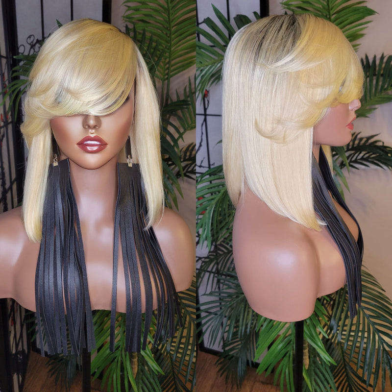 Blonde Hair Bob Human Hair Brazilian Remy Hair Natural Hairstyle Swoop Bang Bob Style Full Cap Wig - Beauty Blessing Wigs & Hair Extensions Boutique