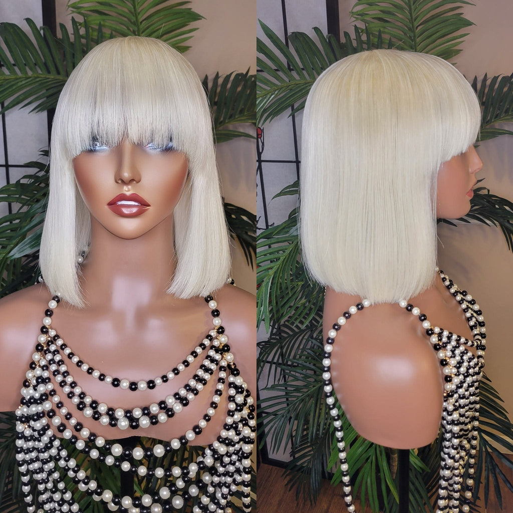 BLONDE Bob Short China Bang Wig Remy 100% Human Hair Wig Razor Cut Bob Hair Style - Beauty Blessings LLC