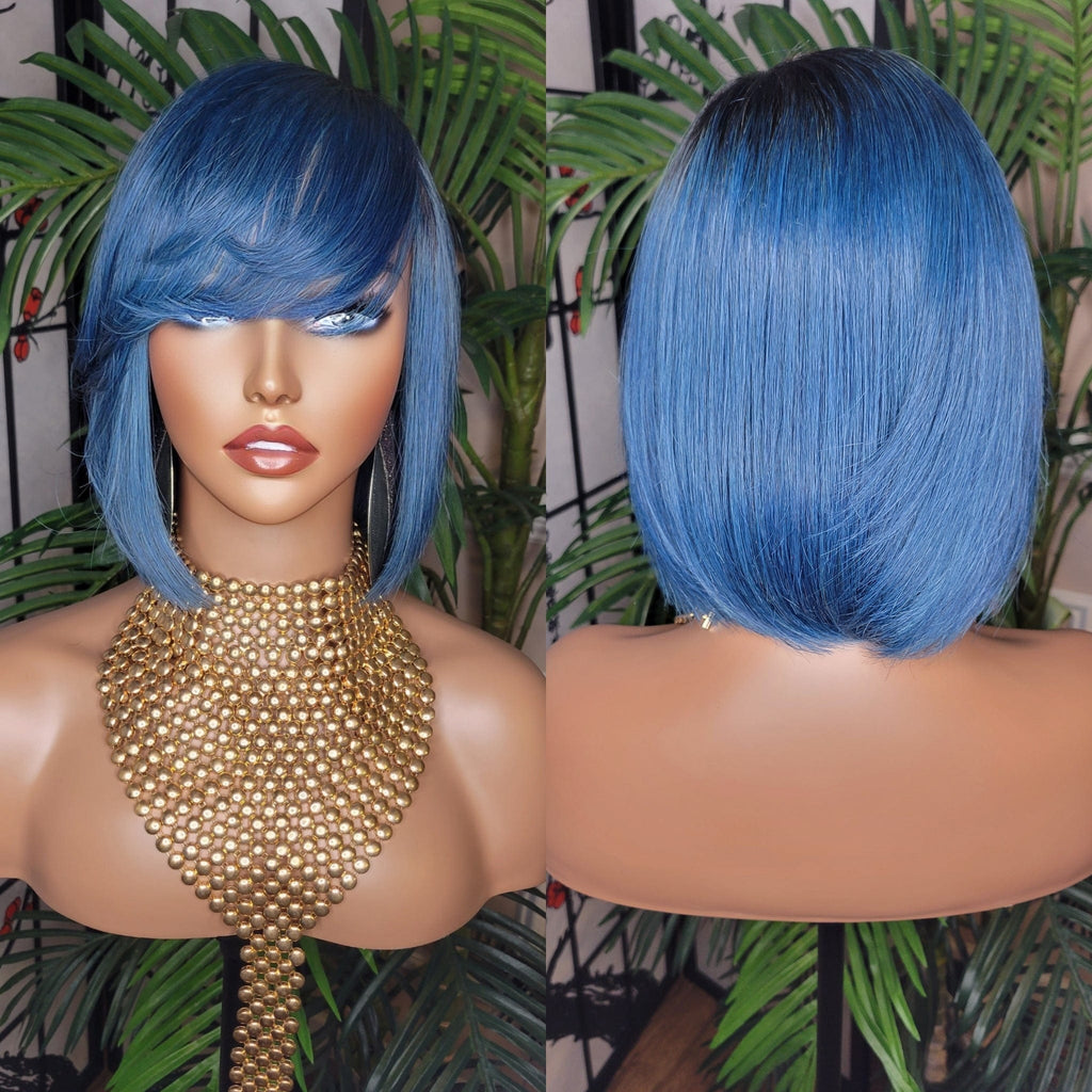 Blue Hair Wig Bob Brazilian Remy Human Hair Short Hair Bob Hairstyle Swoop Bang Hair Full Cap Wig - Beauty Blessings LLC