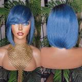 Blue Hair Wig Bob Brazilian Remy Human Hair Short Hair Bob Hairstyle Swoop Bang Hair Full Cap Wig