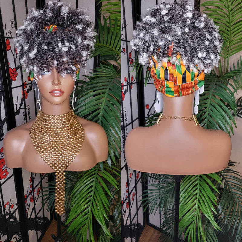 Gray Hair Turban Wig Afro Kinky Puff Bangs Afro Twist Hair Afro Bang Gray Salt Pepper Gray Colored Afro Puff Hair African Print Turban Wig - Beauty Blessings LLC