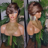 Brown Auburn Black Ombre Colored Hair Pixie Cut Wigs Swoop Bang Premium Fiber Heat Resistant Short Style Layered Hair Wig - Beauty Blessings LLC