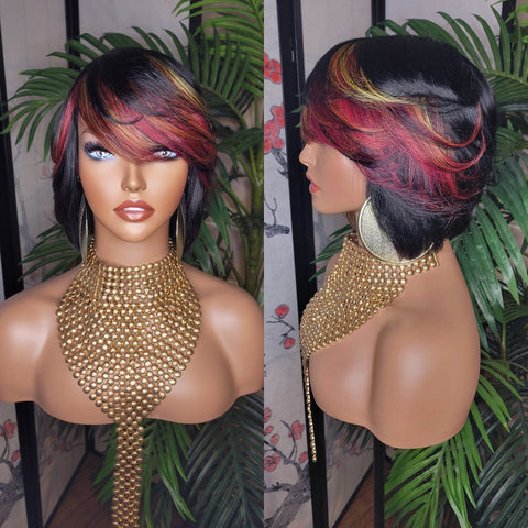 Short Bob Human Hair Remy Short Cut Hair Bob Hairstyle Swoop Bang Colored Hair Wig Ombre Burgundy Orange Gold - Beauty Blessings LLC