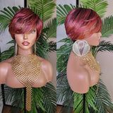 Short Wig Pixie Cut Style with Swoop Bangs Wigs for Women Soft Burgundy Auburn Copper Ombre Hair Color