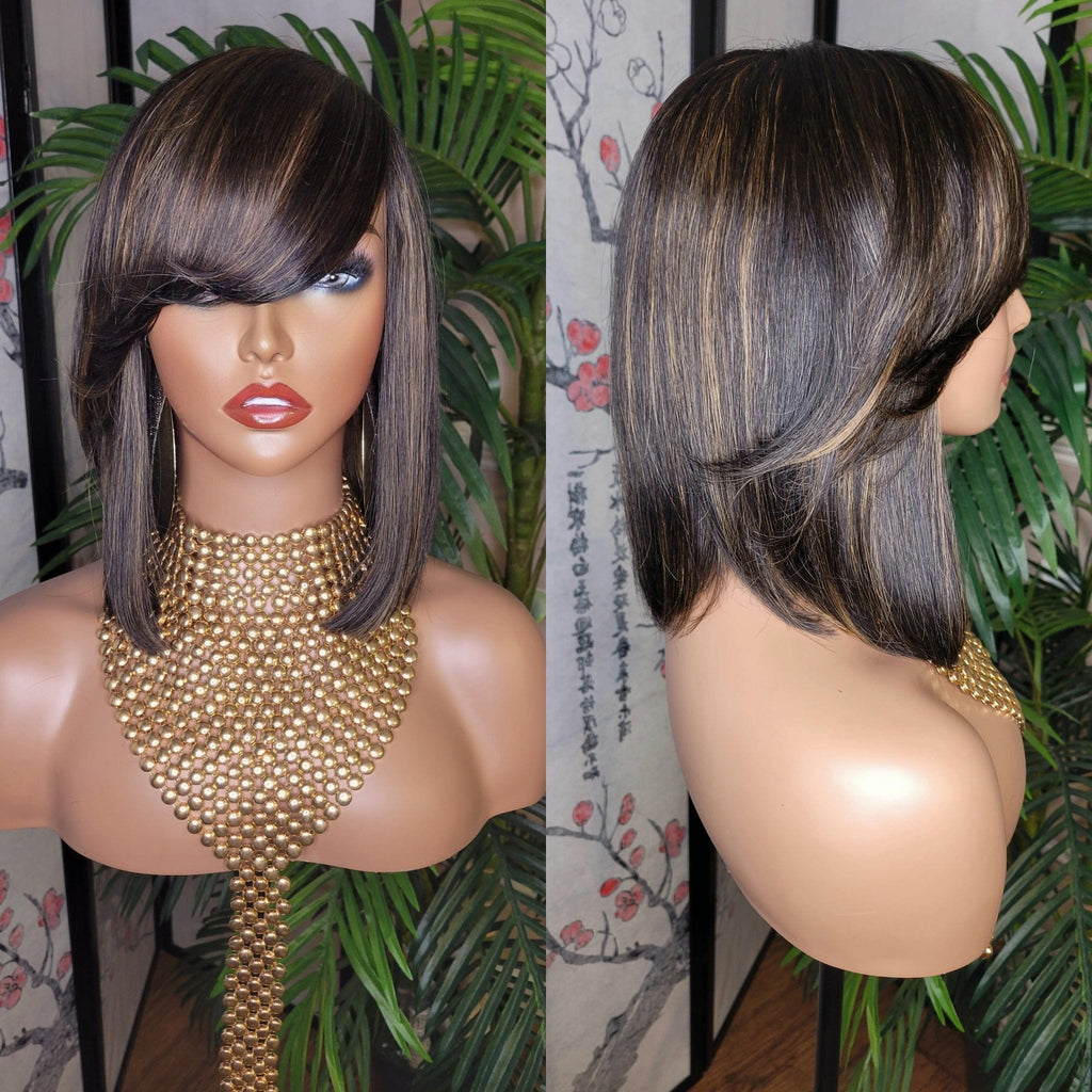 Ombre Auburn Hair Bob Human Hair Brazilian Remy Hair Natural Hairstyle Swoop Bang Bob Style Full Cap Wig - Beauty Blessings LLC