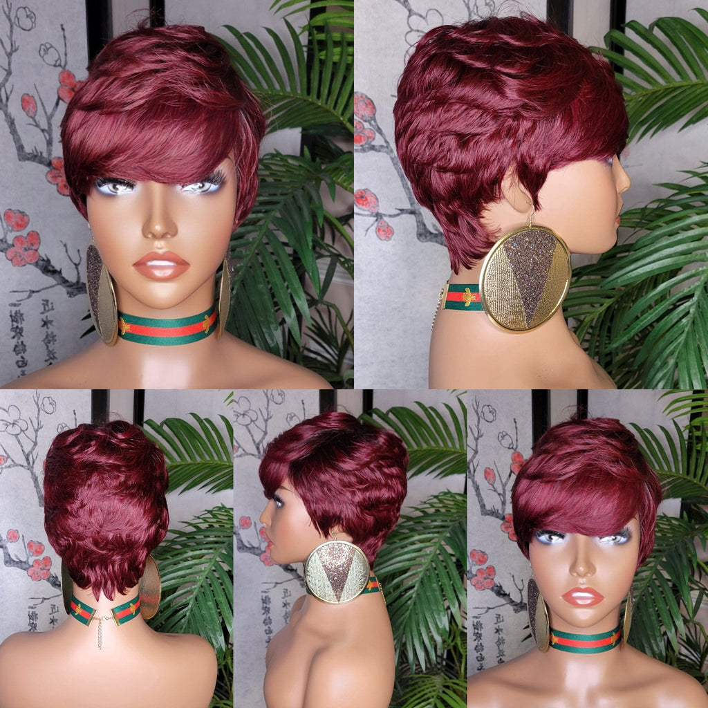 Short Hair Cut Pixie Cut Peruvian Remy Human Hair Wigs Burgundy Wigs - Beauty Blessing Wigs & Hair Extensions Boutique