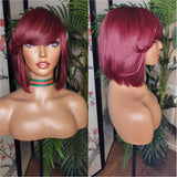 Burgundy Hair Brazilian Remy Human Hair Remy Short Hair Bob Style Swoop Bang Wig Full Cap Wig