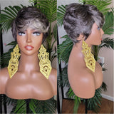 Salt Pepper Gray Mix Hair Brazilian Remy 100% Human Hair Pixie Cut Swoop Bang Hairstyle Human Hair Wig
