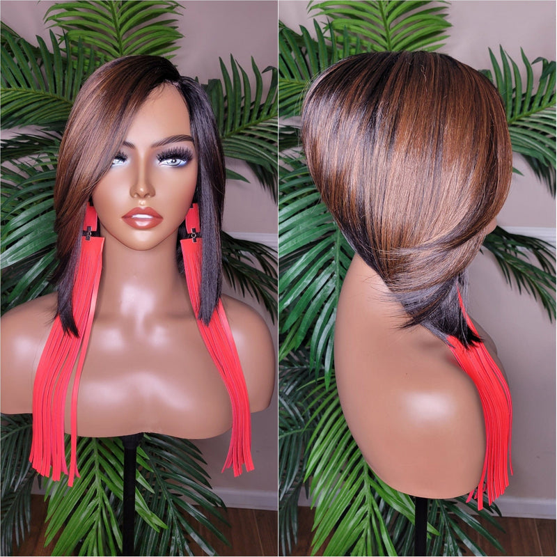 Pixie Cut Bob Hairstyle Razor Cut Swoop Bang Glueless Lace  Wig Full Cap Wig Ombre Black Brown Auburn Mix - Beauty Blessings LLC
