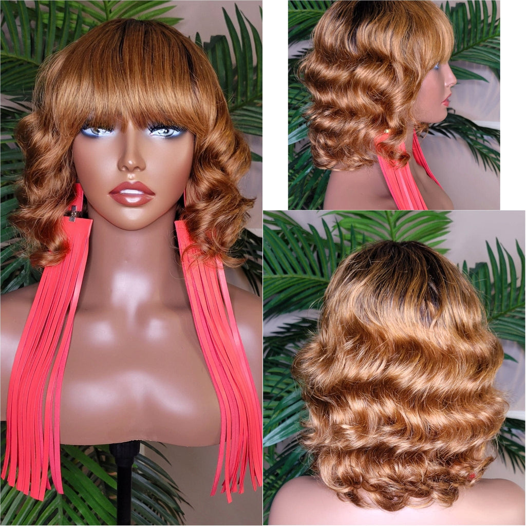 Deep Wave Hair Pixie Short Bob Brazilian Remy Remy 100% Human Hair with Bangs Auburn Hair Wig Glueless Full Cap Wig - Beauty Blessings LLC