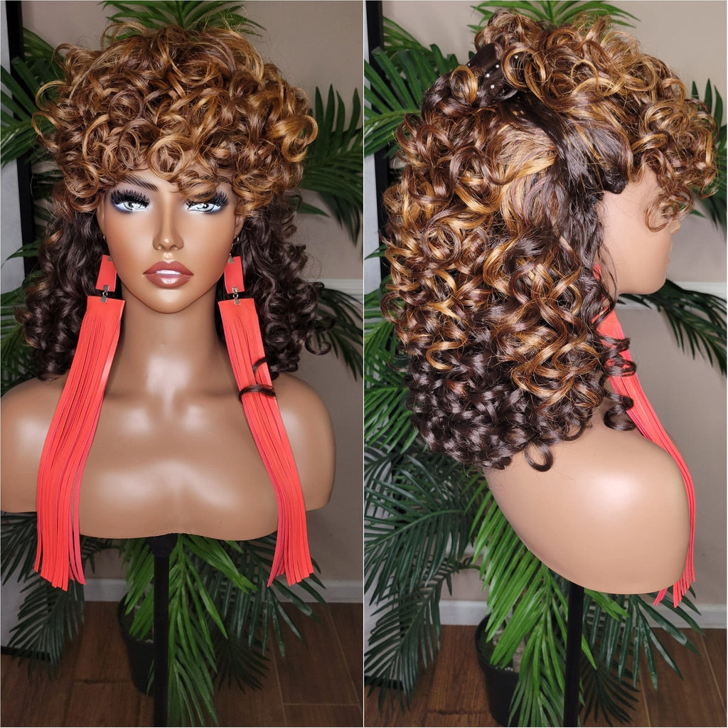 Big Barrel Curl Wig Full Cap Wig  Curly Hair Women Red Carpet Wig Bouncy Curl Hairstyle Ombre Brown Auburn Strawberry Blonde Hair Wig - Beauty Blessings LLC