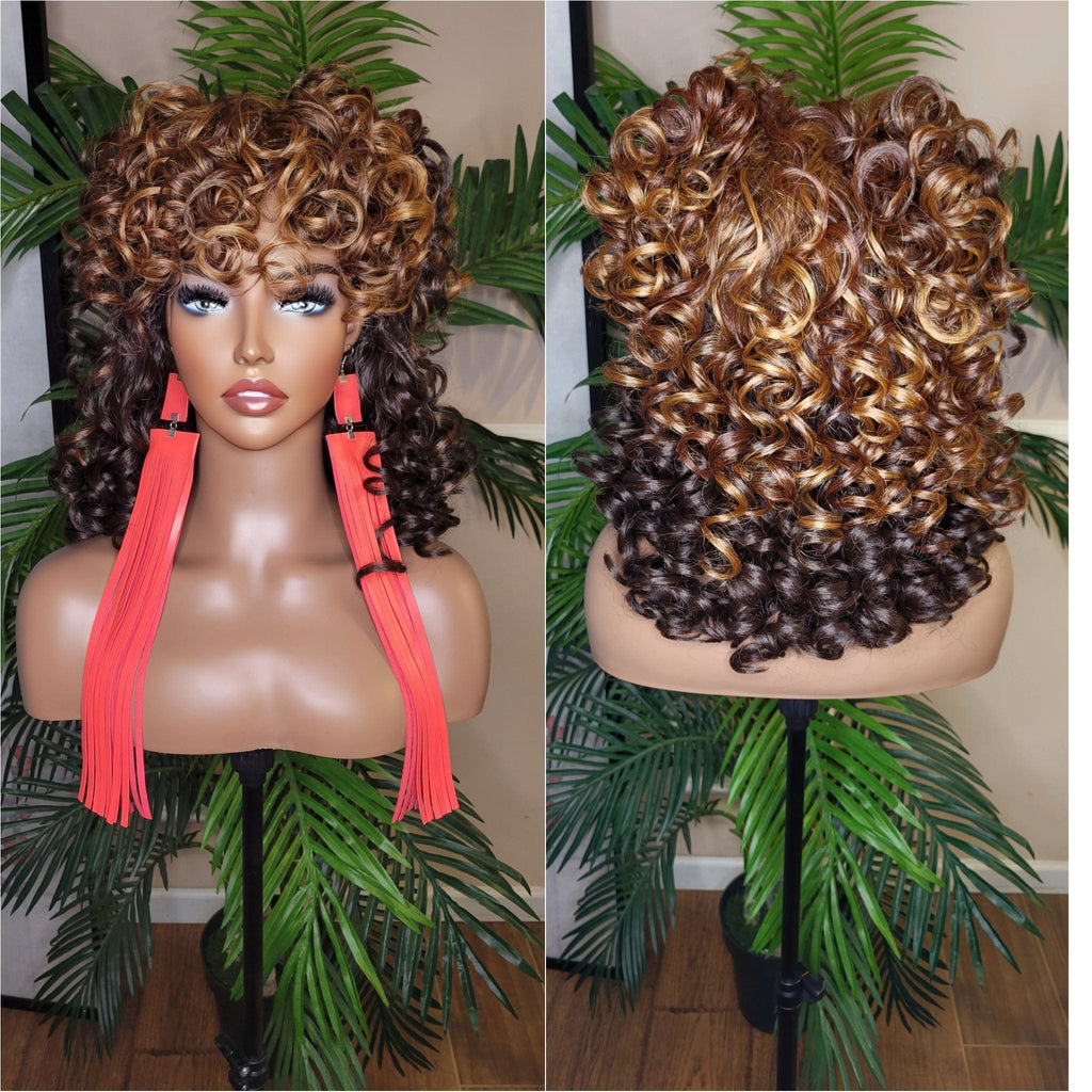 Big Barrel Curl Wig Full Cap Wig  Curly Hair Women Red Carpet Wig Bouncy Curl Hairstyle Ombre Brown Auburn Strawberry Blonde Hair Wig - Beauty Blessings LLC