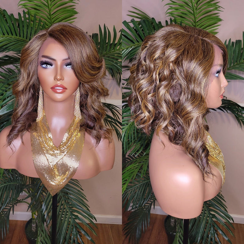 Body Wave Hair Bob Hairstyle Glueless Lace Front Wig with Swoop Bangs Brown Golden Blonde Mix Colored Hair Lace Part Wig - Beauty Blessings LLC