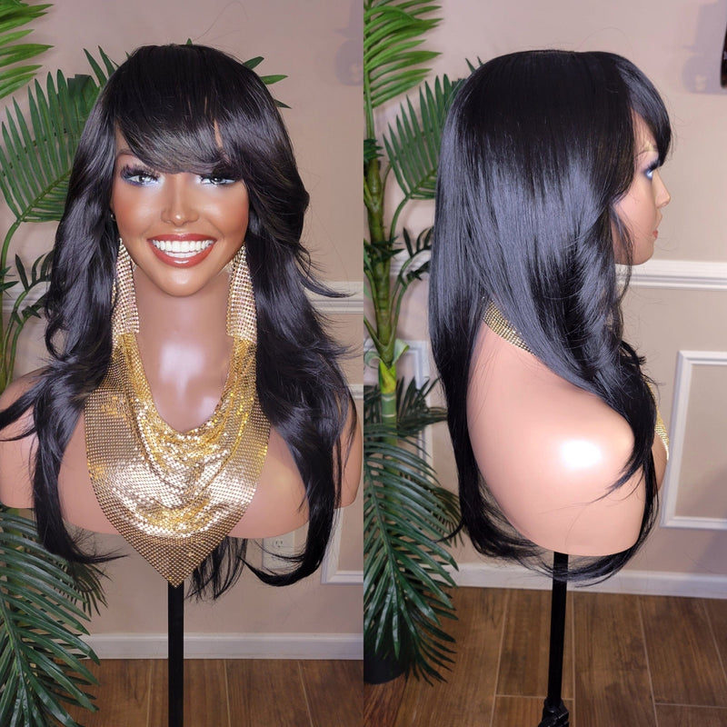 Swoop Bang Long Straight Hair Wig Silky Soft Natural Hairstyle Celebrity Wig Protective Style Glueless Wig Black Colored Wig - Beauty Blessings LLC