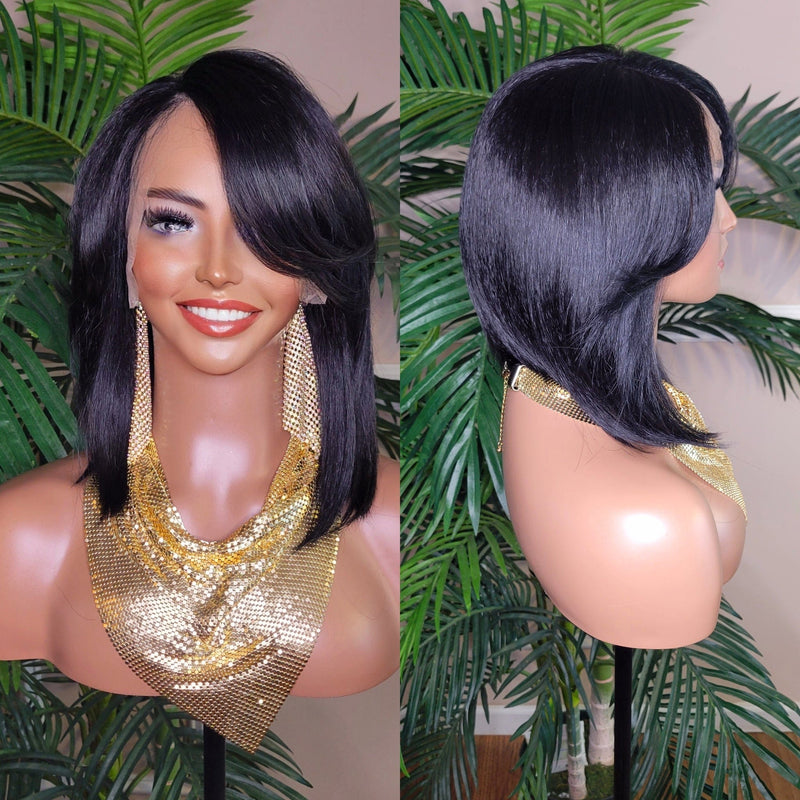 Bob Cut Wig Swoop Bang Hairstyle Lace Front Wig Short Cut Glueless Lace Wig Flexible Parting Space Natural Hairline - Beauty Blessings LLC
