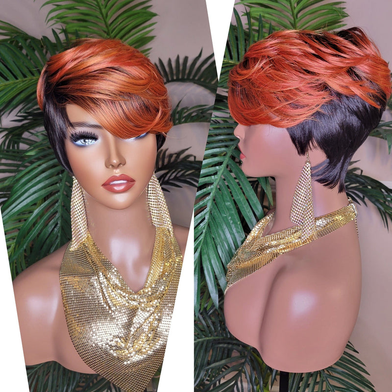 Copper Color Wig  Swoop Bang Wig Short Cut Celebrity Inspired Pixie Cut Hair Wig with Swooo Bangs and Layers Color Shown Off Black Ombre Copper Bang - Beauty Blessings LLC