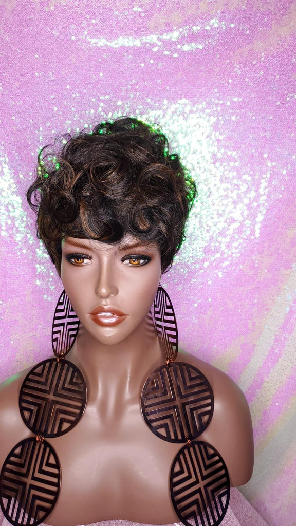 Curly Mohawk Hair Wig Black Auburn Mix Color Curl Glueless Wig Pixie Cut Curl Wig Layered Hair Wig - Beauty Blessings LLC