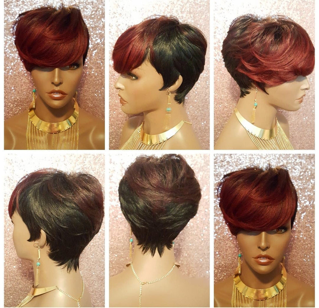 Short Cut Feather Style Full Cap  Wig Premium Fiber Swoop Bang Style Light Yaki Texture Burgundy Hair Wigs - Beauty Blessing Wigs & Hair Extensions Boutique