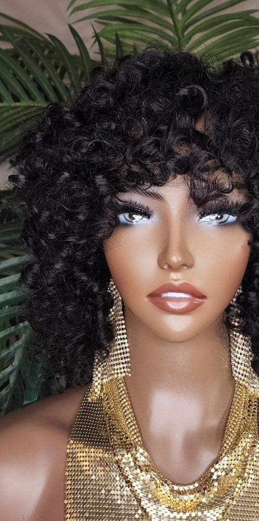 Short Small Curly Hairstyle Bob Wig Style Brazilian Remy 100% Human Hair Full Cap Women Wig Curly Hair with Bangs - Beauty Blessings LLC