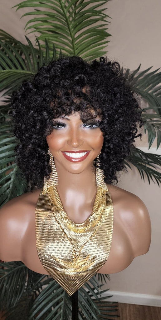 Short Small Curly Hairstyle Bob Wig Style Brazilian Remy 100% Human Hair Full Cap Women Wig Curly Hair with Bangs - Beauty Blessings LLC