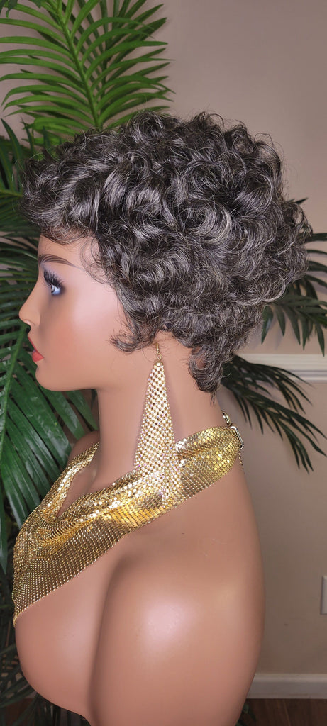 Gray Hair Wig Pixie Cut Celebrity Inspired Style Wig Pixie Salt Pepper Hair Color Curl 100% Remy Human Hair Wig - Beauty Blessings LLC