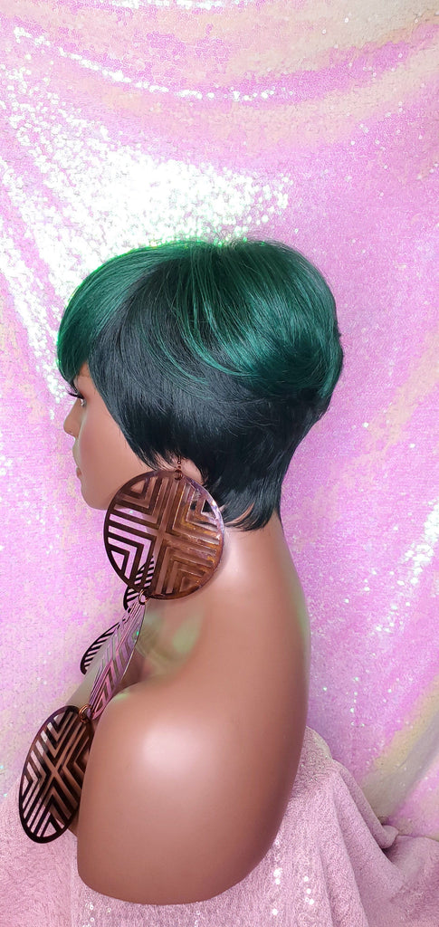 Ombre Green Mix Short Wig  Pixie Cut Style with Swoop Bangs Wig Premium Fiber Hair - Beauty Blessing Wigs & Hair Extensions Boutique