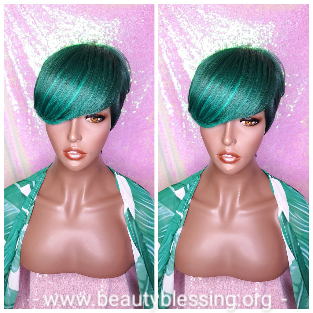 Ombre Green Mix Short Wig  Pixie Cut Style with Swoop Bangs Wig Premium Fiber Hair - Beauty Blessing Wigs & Hair Extensions Boutique