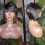 Short Bob Pixie Cut Brazilian Remy Hair Layered Hair Bob Style with Swoop Bangs Sassy Razor Cut Full Cap Wig - Beauty Blessings LLC