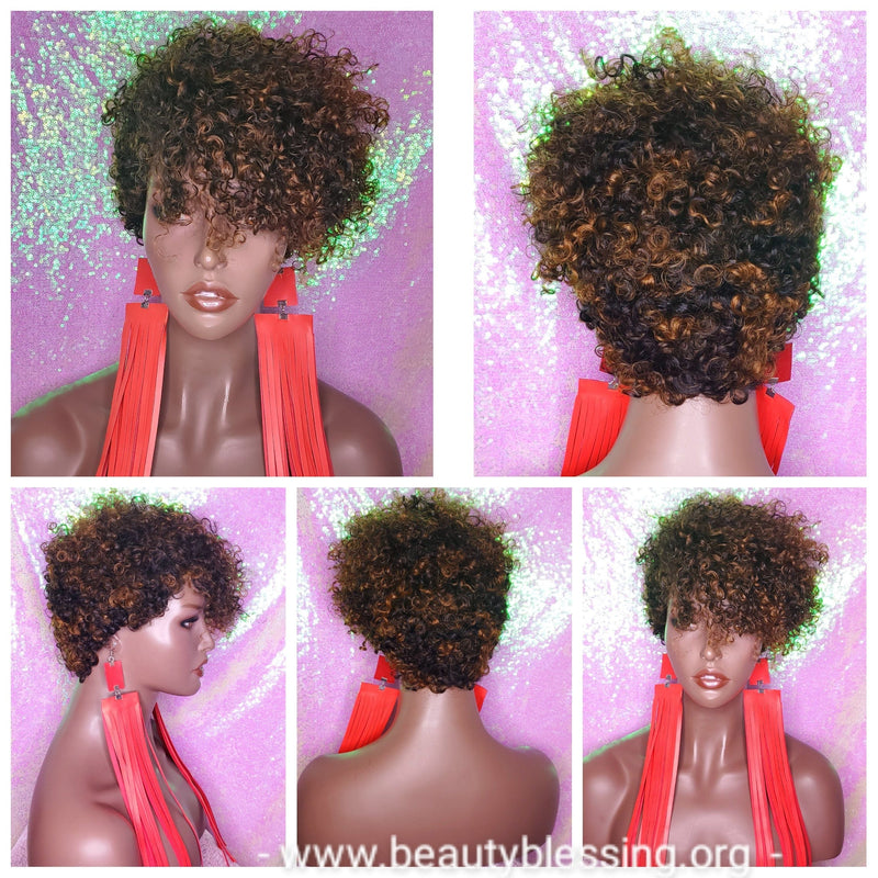 Razor Pixie Cut Corkscrew Bohemian Peruvian Remy 100% Human Hair Wig Black Auburn Color Hair Wig - Beauty Blessing Wigs & Hair Extensions Boutique