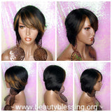Short Bob Remy Human Hair Bob Style Wig Auburn Streak Bangs - Beauty Blessing Wigs & Hair Extensions Boutique